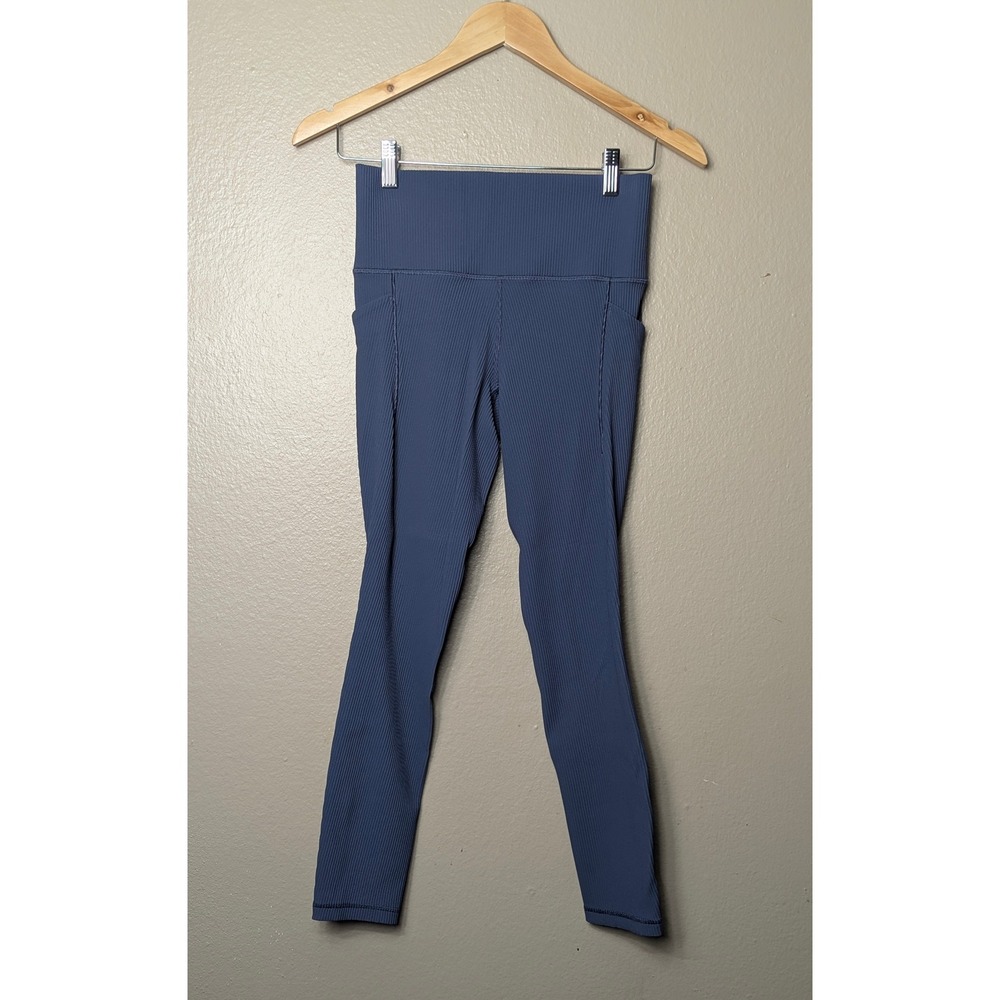 Athleta Chaturanga Leggings Women S Grey Blue Ribbed High Rise 7/8 Tight 657530